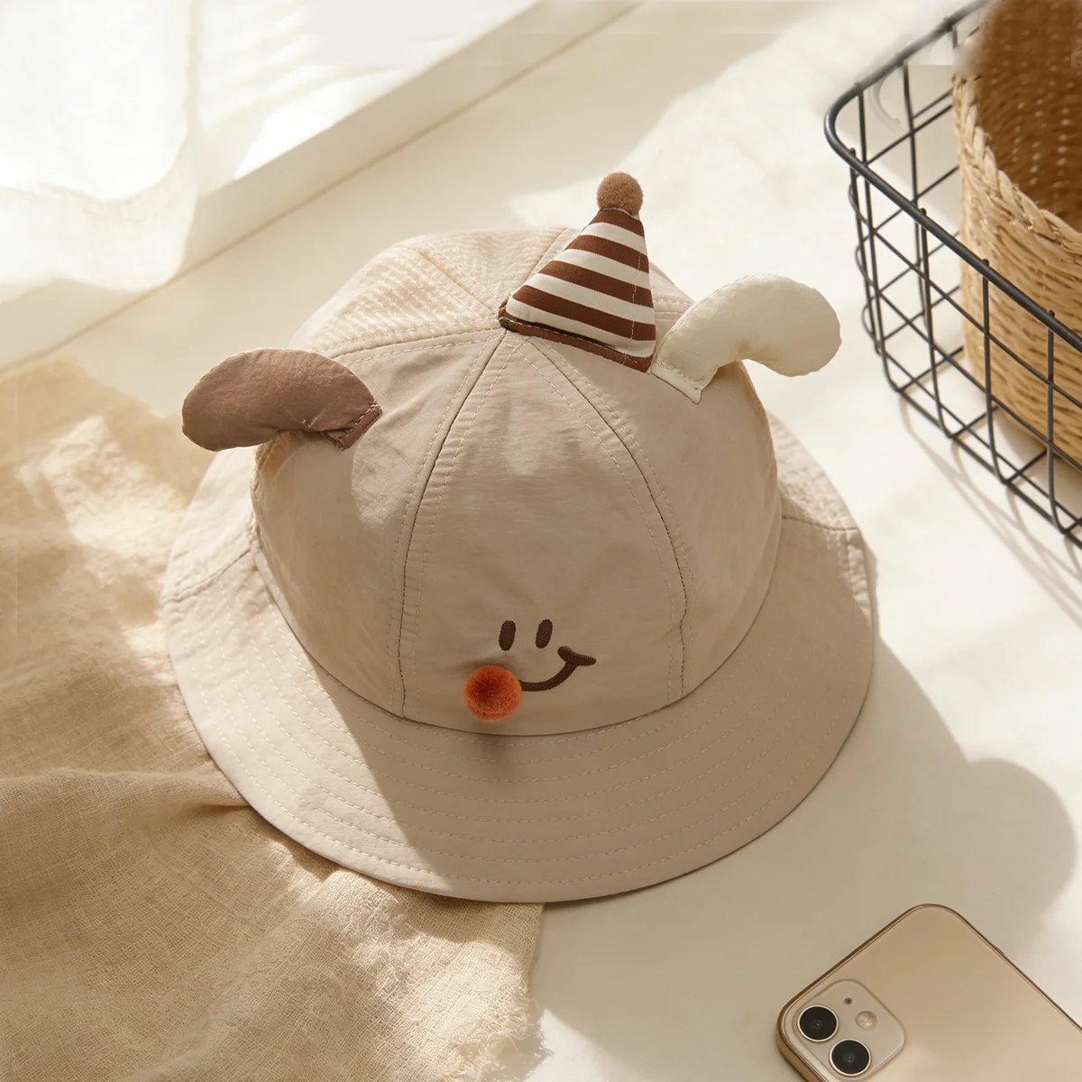 Cute birthday-themed embroidered face mask for red pompom cake hat decoration with a semi-net fishing hat. Suitable for parties.