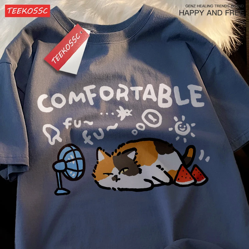 Comfortable Three Flowers Casual Loose Summer Breathable Short Sleeved T-shirt Men Women Stubborn Watermelon Blowing Fan Cotton