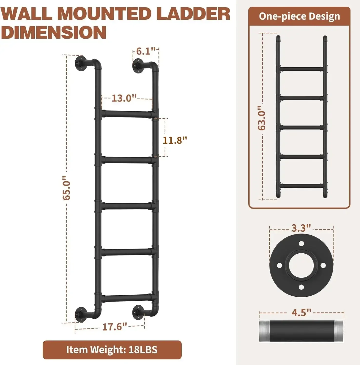5-Rung Wall Mounted Metal Step Ladder, Basement Window Well Egress & Fire Emergency Escape Ladder, for High Entrance Attic