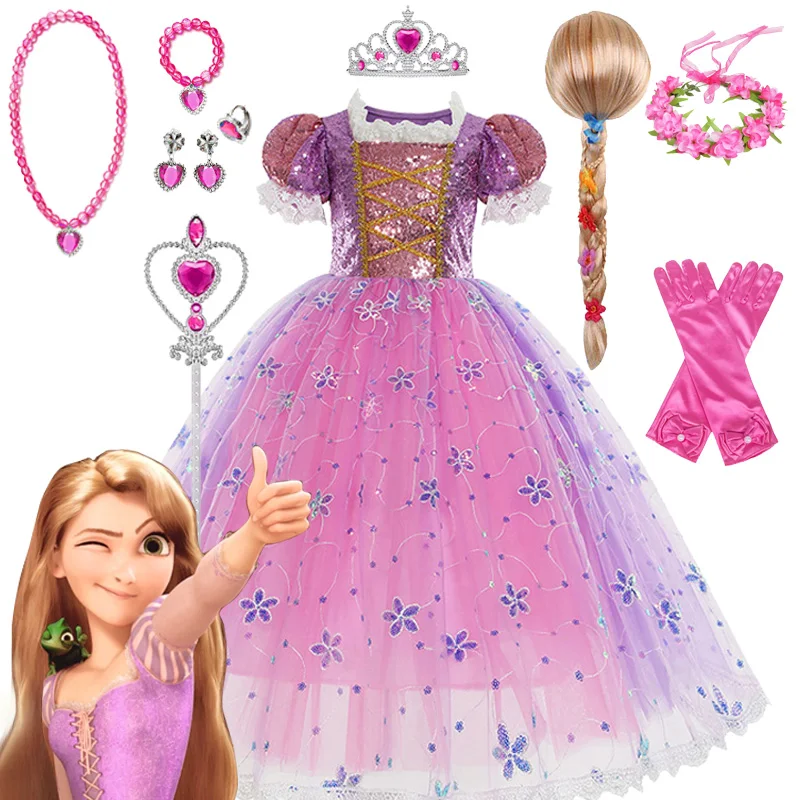 

Disney Tangled Princess Children Girls Party Cosplay Rapunzel Sequin Costumes Kids' Birthday Ball Carnival Gown Dresses Clothing