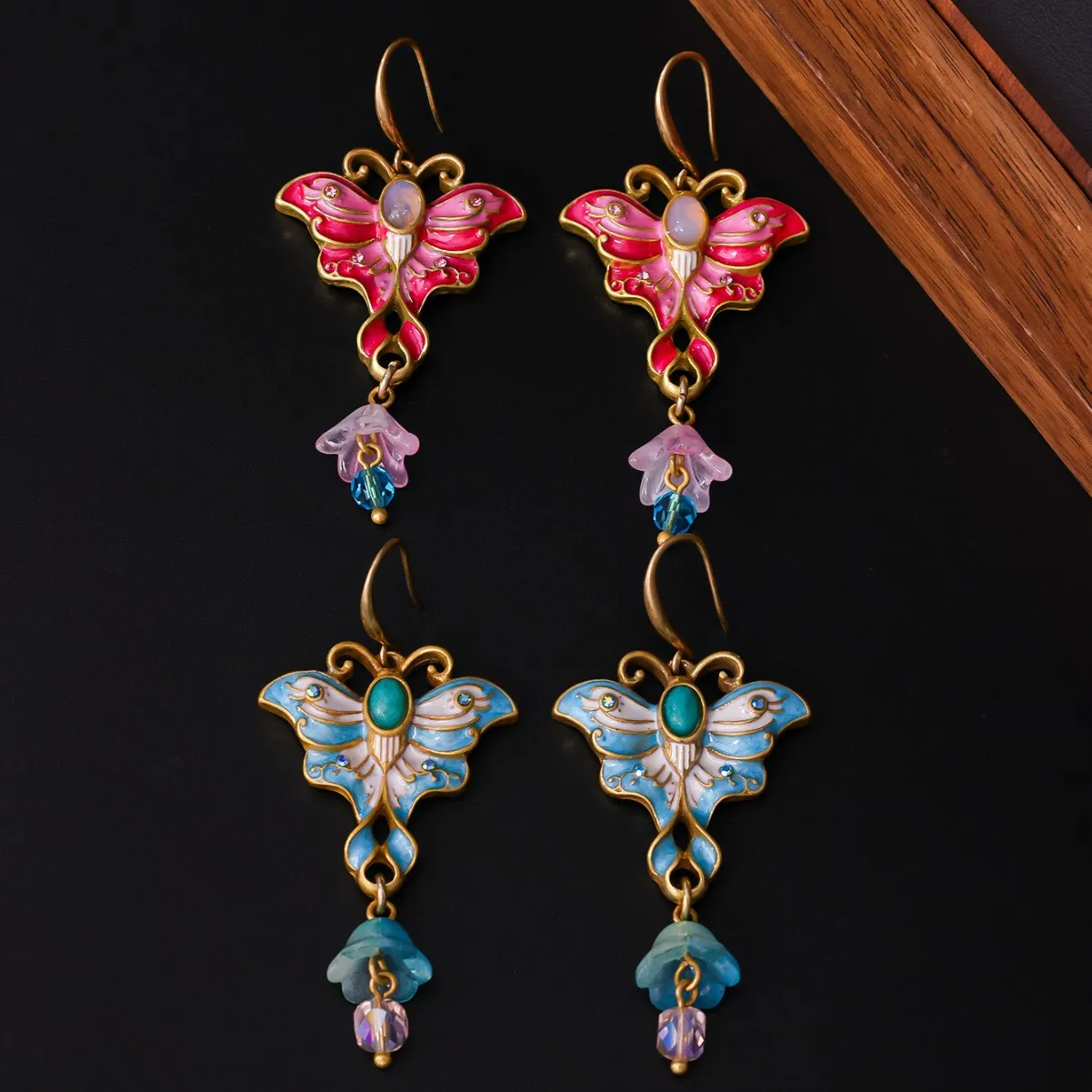 Medieval Vintage Pink Enamel Butterfly Fairy Style Natural Stone Sweet Water Drop Earrings Retro Style Flower Tassel Earrings