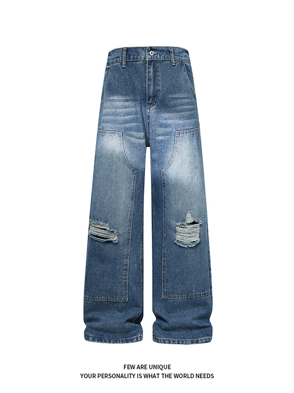 Calça Jeans Unissex de Perna Reta com Efeito Rasgado e Lavado, Coleção Primavera Outono 2026, Estilo Casual