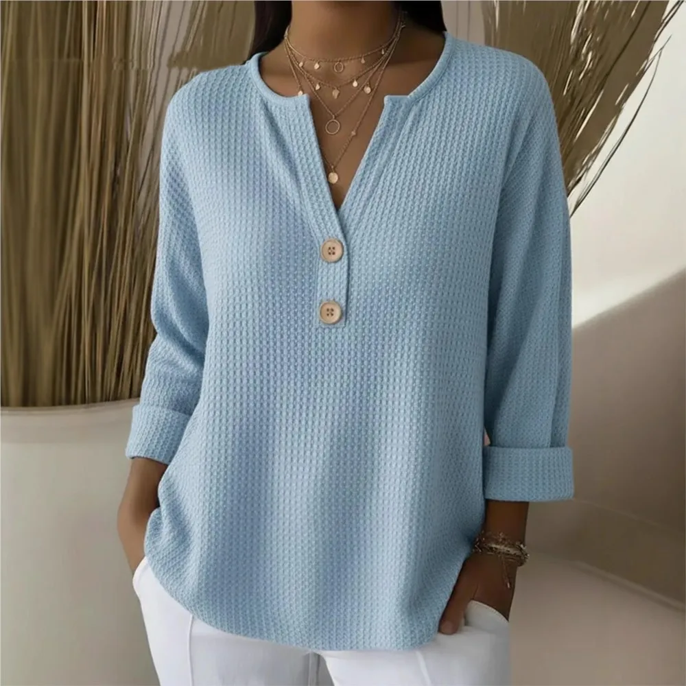 New Waffle Long-sleeved Fashion Button V-neck T-shirt For Women's Spring Autumn New Casual Loose Blue Versatile Tops Female