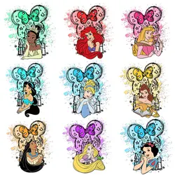 Watercolor Mickey Mouse Ear Princesses Rapunzel Cinderella Belle Mermaid Iron on Transfers Ironing Decals Stickers patches