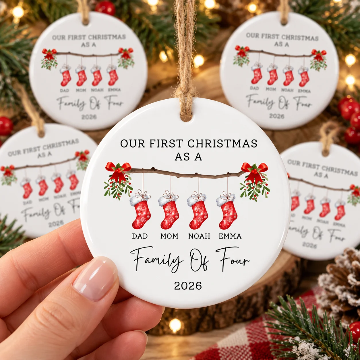 5Pcs Christmas Keepsake Round Ornaments First Christmas Family Of Three 2026 Stocking Design Tree Decor Baby Gift For Parents