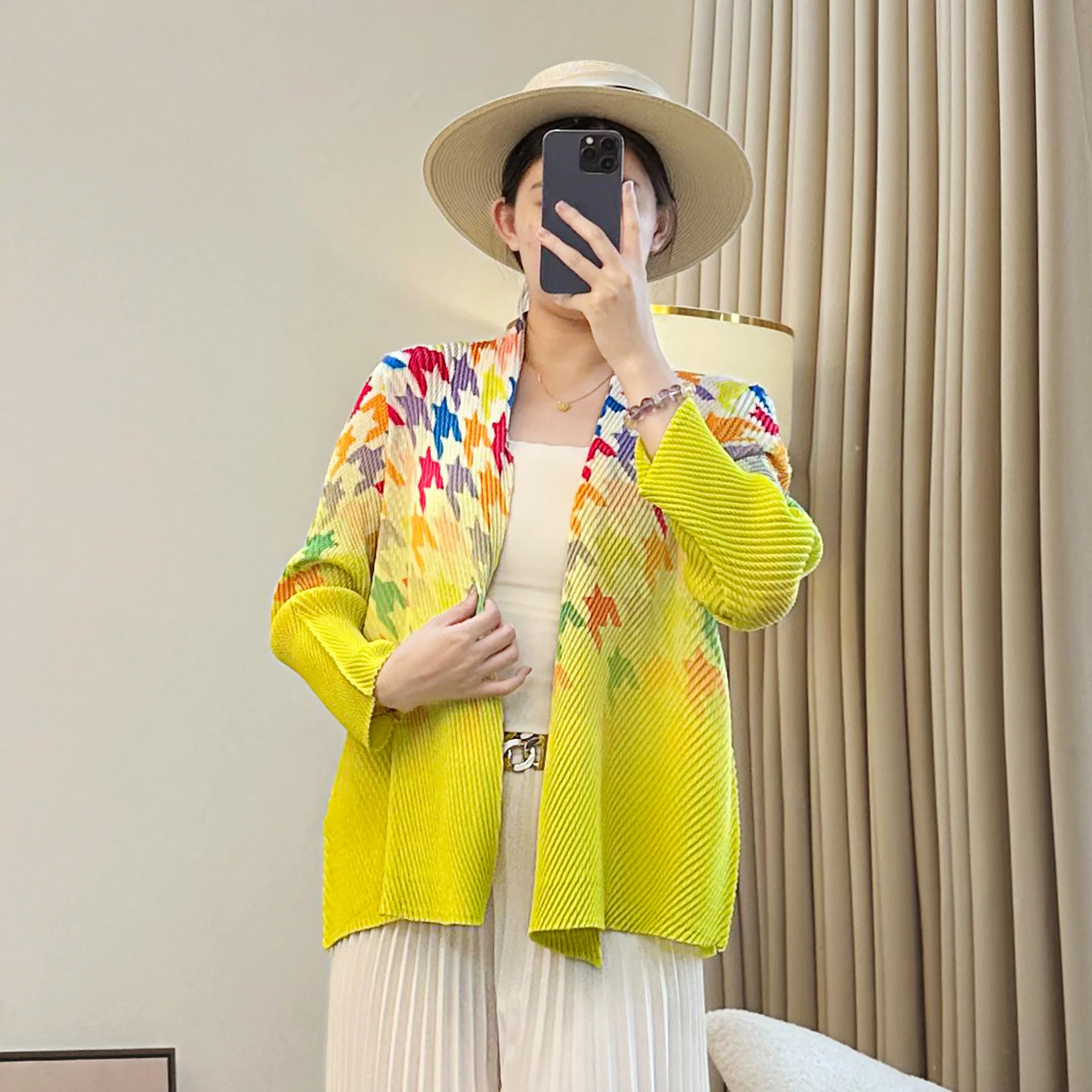 Miyake Fold 2025 New Autumn/Winter Fashion Loose Fold Collarless Splicing Bucklless Long Sleeve Temperament Top Open Shirt