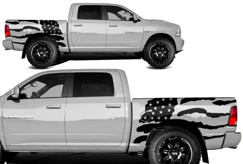 Factory Crafts Patriot Side Graphics Kit 3M Vinyl Decal Wrap Compatible With Dodge Ram 5.7 Bed 20092018 Matte Black2PCS