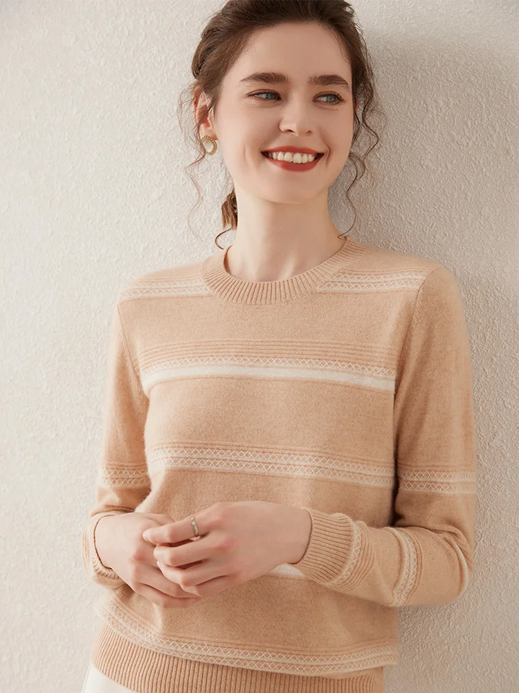 Pulôver de caxemira listrado com decote em o para mulheres, suéter fino, malha casual, estilo simples básico, roupas femininas 100% caxemira, primavera