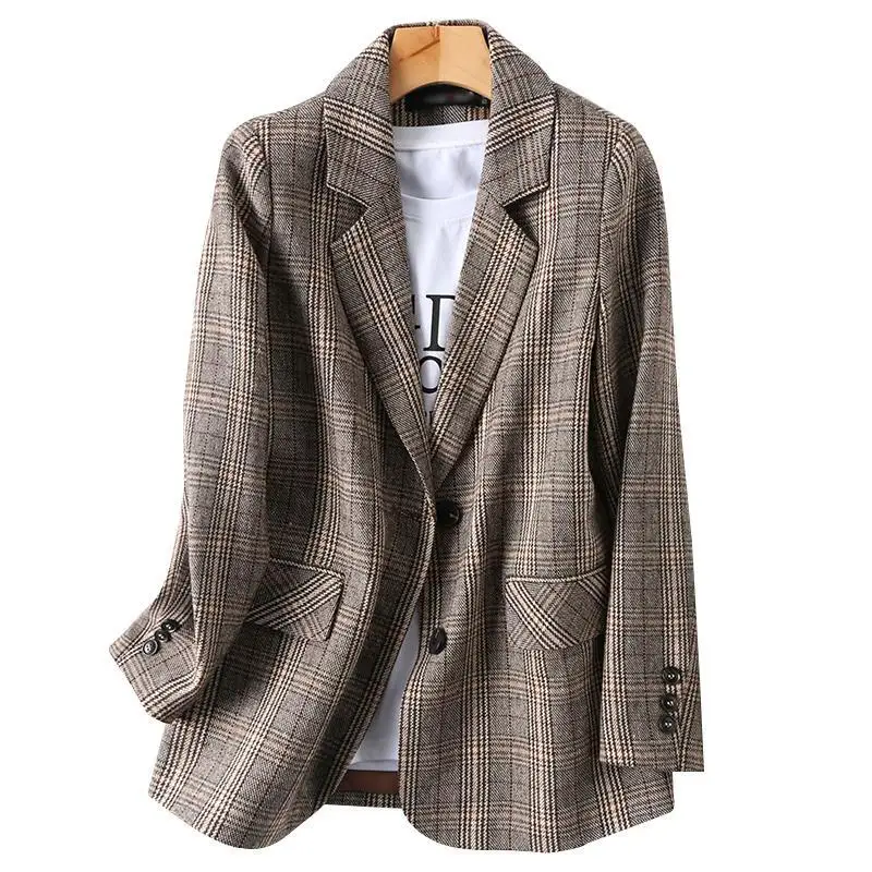 Women\'s Autumn Winter New Fashion Lapel Plaid Button Pocket Korean Style Temperament Long Sleeved Loose Mid Length Suit Jacket