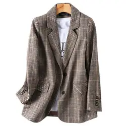 Women's Autumn Winter New Fashion Lapel Plaid Button Pocket Korean Style Temperament Long Sleeved Loose Mid Length Suit Jacket