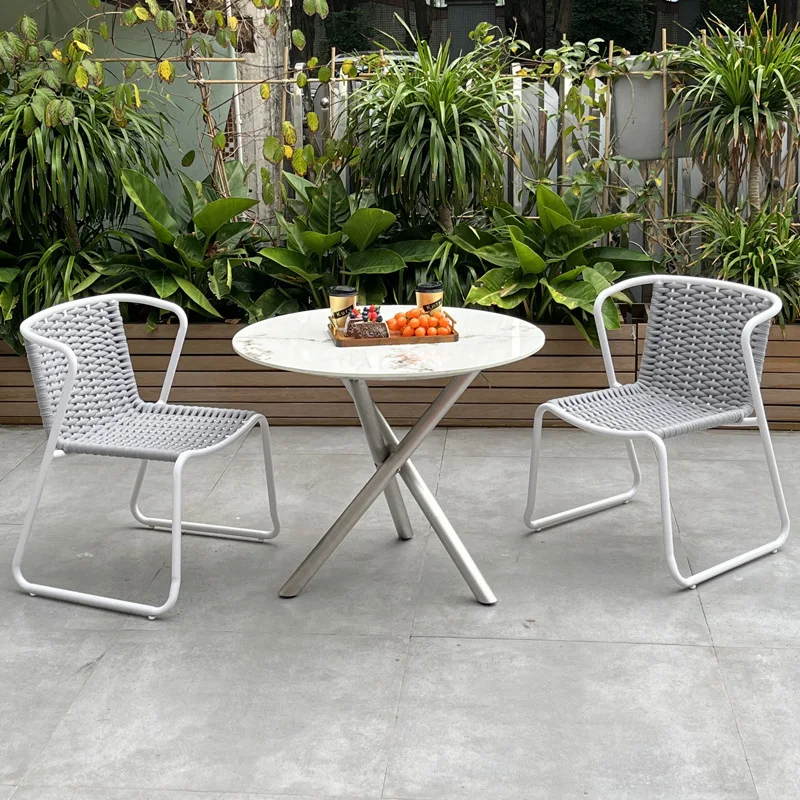 

Outdoor balcony simple casual dining table and chair rock slab stainless steel webbing hotel B & B waterproof woven table and