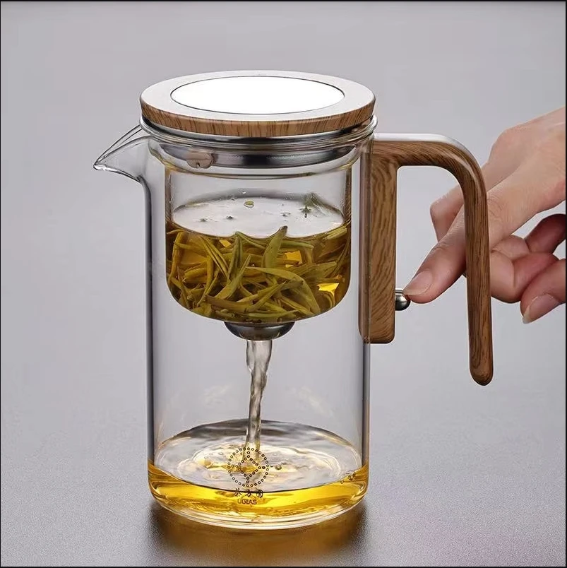 

1 Pcs 600ML Glass Teapot Enchanti Tea Pot Glass Kettle Teapot with Wooden Handle One Click Switch Tea Filtration Teapots