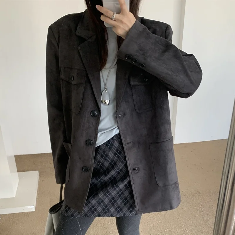 

Шикарный корейский женский костюм Jaet Long Sve с лацканами на одной пуговице из кожи оленя, бархатный дизайн с несколькими кетами, поездка на работу и ветер