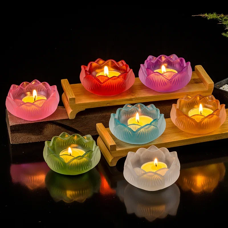 Bougeoirs Lotus en verre, supports de lampe de beurre de Lotus en verre coloré, décoration de bouddha artisanale créative de ménage simple