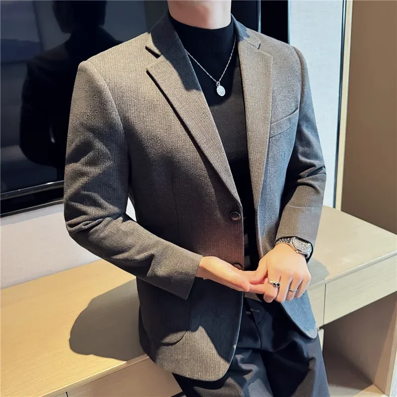 Autumn Winter Thickened Striped Woolen Suit Jacket Men High-end Casual Business Blazers Wedding Social Dress Coat Men Clothing