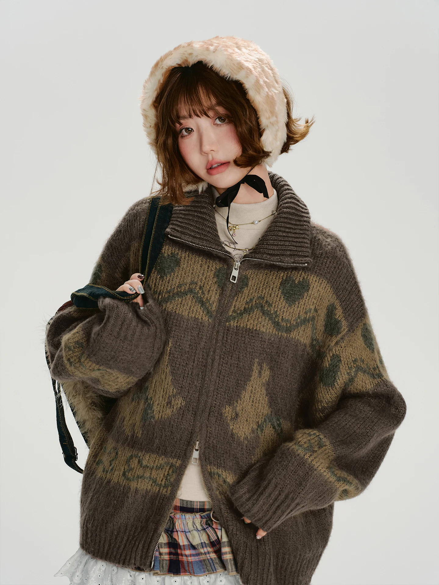 Girlyhalo American Retro Fair Isle Knitted Sweater Coat Women Winter Loose Lazy Top Long Sleeve Zipper Closure Autumn Winter