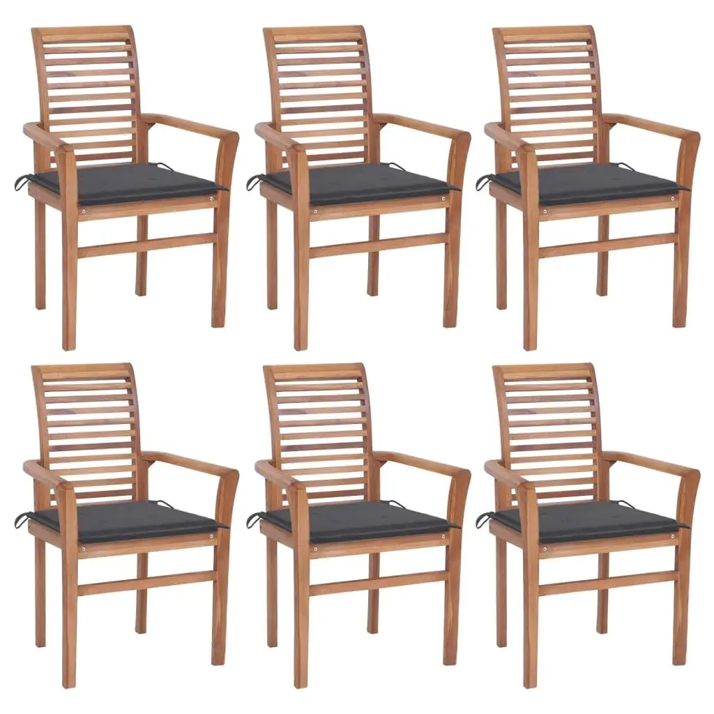 Set of 6 Dining Chairs with Anthracite Cushions - Solid Teak Wood Construction