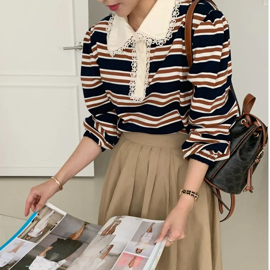 سترة نسائية فضفاضة طويلة بتصميم أنيق للخريف والشتاء وياقة مكشكشة ملونة بخطوط بلو ملابس خروج مريحة