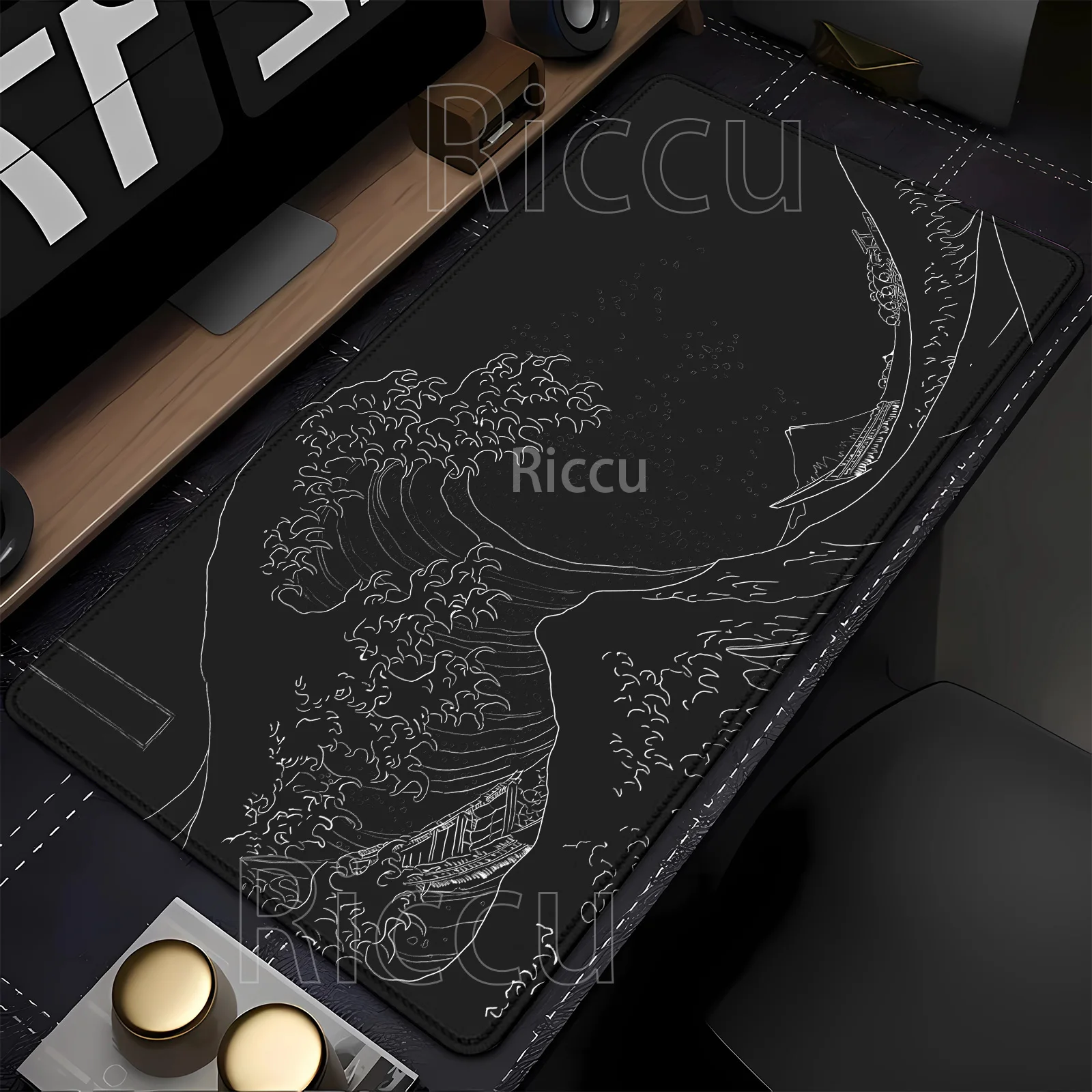 The Great Wave Off Kanagawa Schwarzes Gaming-Mauspad, rutschfestes Mauspad, Tastatur, Büro, Teppich, HD-Druck, 400 x 900 mm, XXL-Schreibtischunterlage