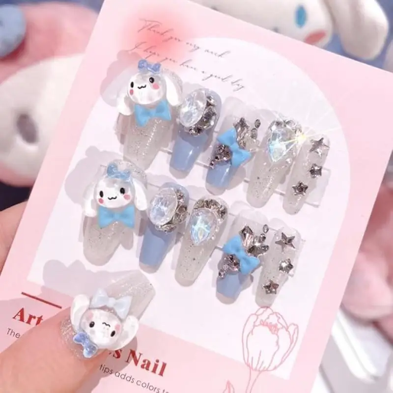 Sanrios Cinnamoroll Pers Op Nagels Vierkant Nail Art Tip Valse Nagellijm Op Nagels Met Strass Vlinder Camellia Bedels Ontwerp