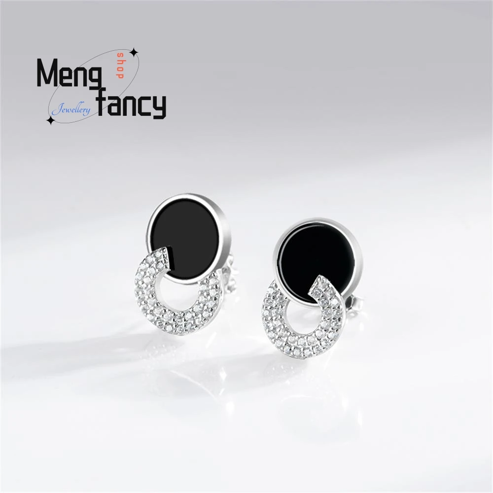 

S925 Silver Inlaid Natural A-goods Jadeite Ink Cui High-grade Jade Earrings Simple Exquisite Luxury Quality Jewelry Holiday Gift
