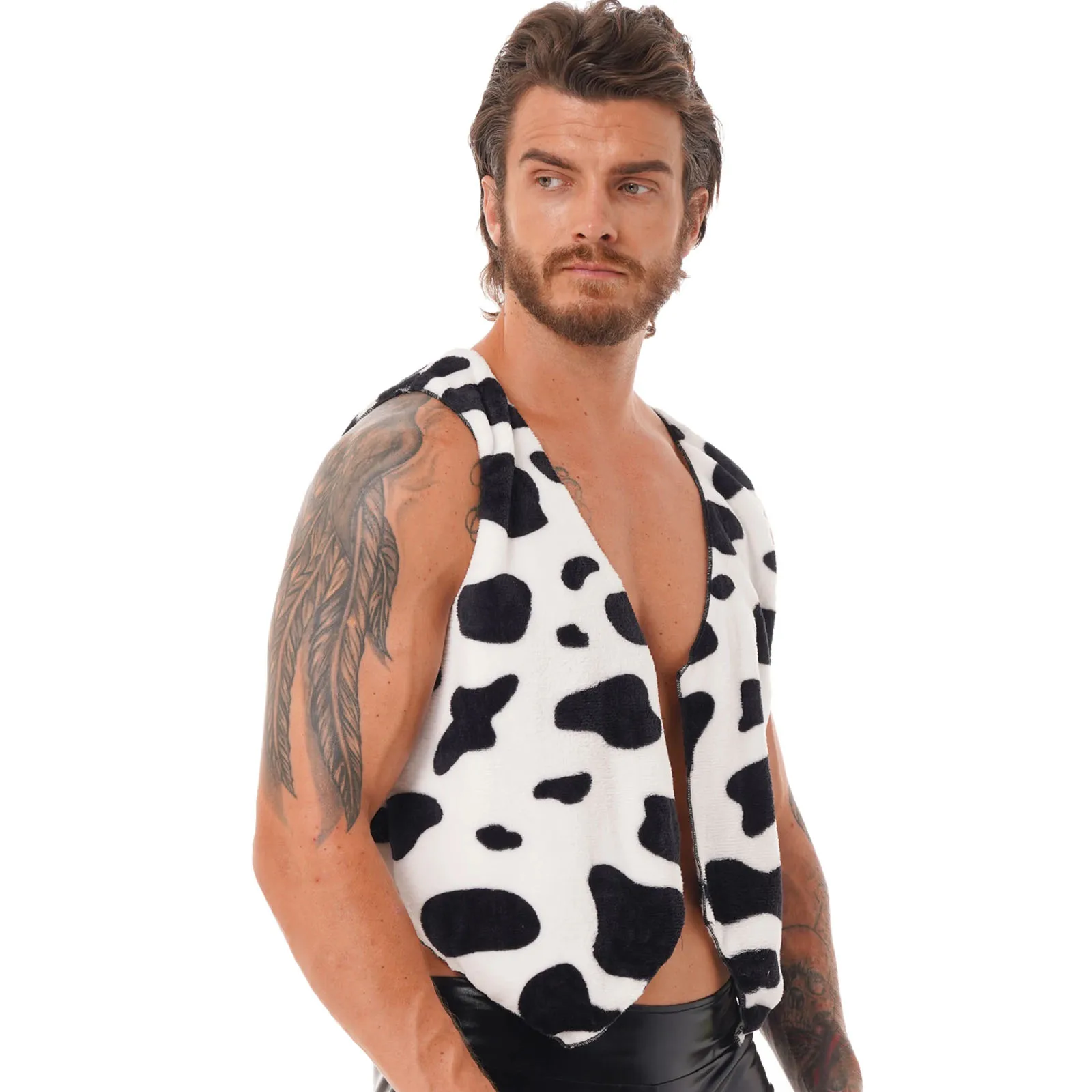 Men Cow Print Vest Top Flannel Sleeeless Open Front Coat Jacket Cowboy Cardigan for Halloween Festival Rave Party Fancy Dress Up