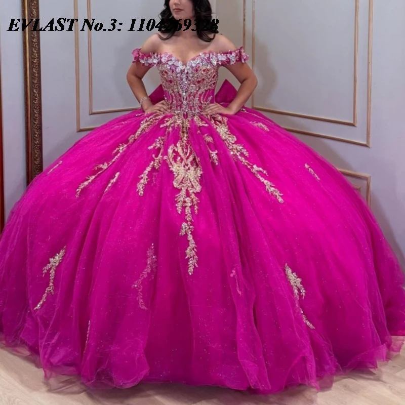 

EVLAST Индивидуальное блестящее розово-красное платье Quinceanera, бальное платье с золотой кружевной аппликацией и бантом из бисера, Sweet 16, Vestidos De 15 Anos E3Q807