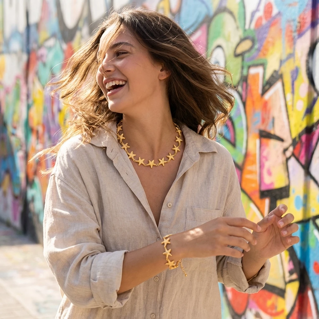 Boho Goldfarben Seestern Halskette und Armband Set für Frauen Strand Ozean Thema Kette Armreif Schmuck Sommer Urlaub Accessoires Geschenk – Detail 10