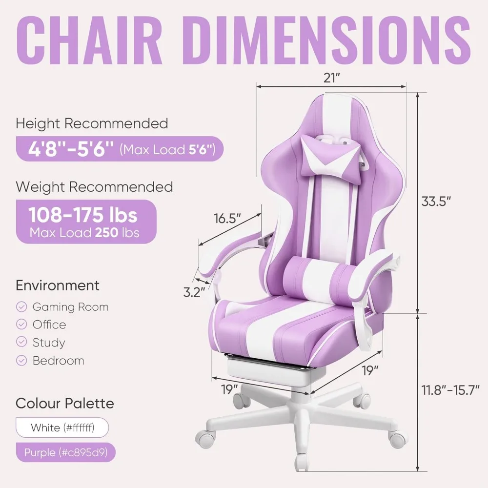 Gaming Chairs, Ergonomic Racing Style PC Game Computer Chair with Headrest Lumbar Support Adjustable Recliner PU Leather