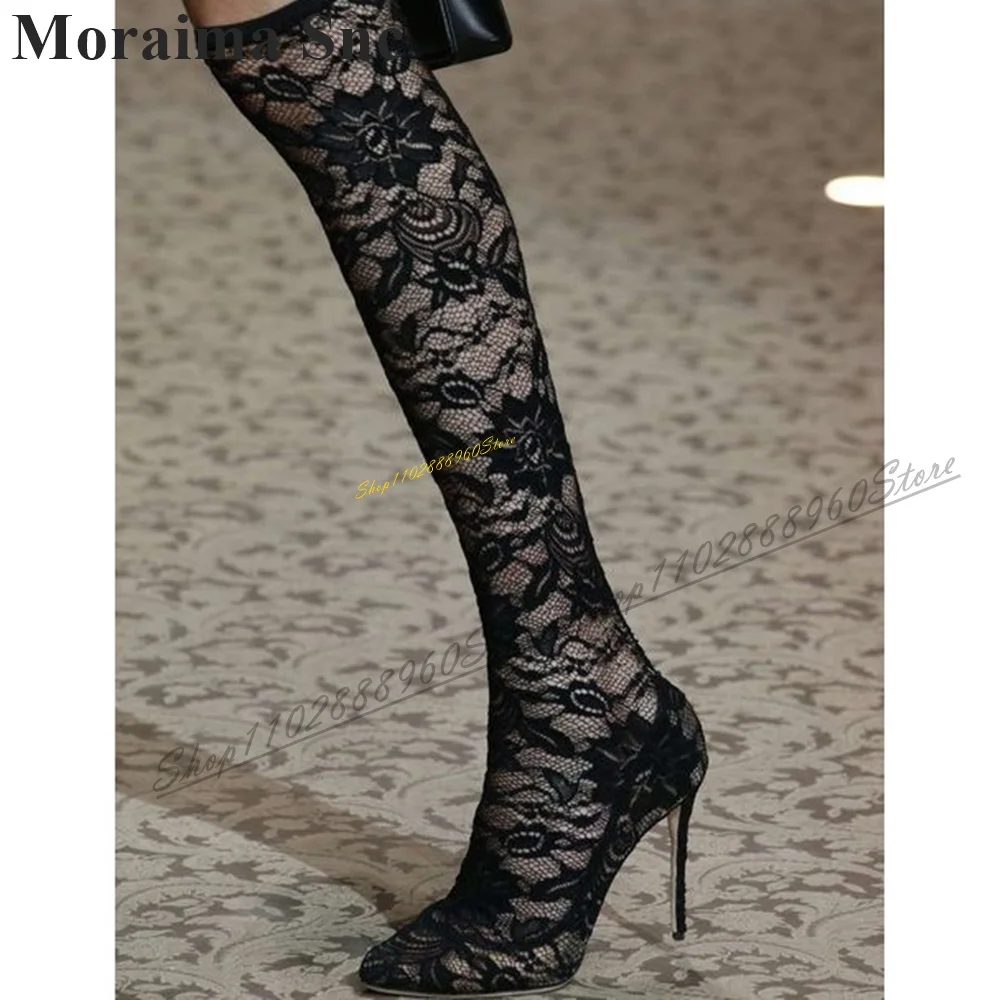 

Catwalk Knee High Slim Black Lace Boots Thin High Heel Shoes For Women Slip On Pointed Toe 2024 Fashionable Zapatos Para Mujere