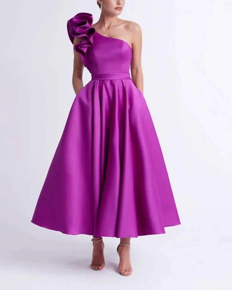 

A-line Purple Prom Formal Dress 2023 Ankle Length Ruffles One Shoulder Satin Evening Party Gowns Robe De Soiree