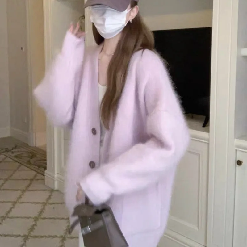 

Норковая шуба, женская осенне-зимняя новая мягкая восковая куртка-свитер, женская нежная длинная свободная трикотажная куртка, женские топы