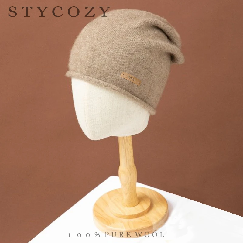 Women/Men100% Merino Wool Beanie Unisex Roll Edge Plain Solid Knit Hat Winter Soft Thermal Basic Hedging Cap For Daily Casual