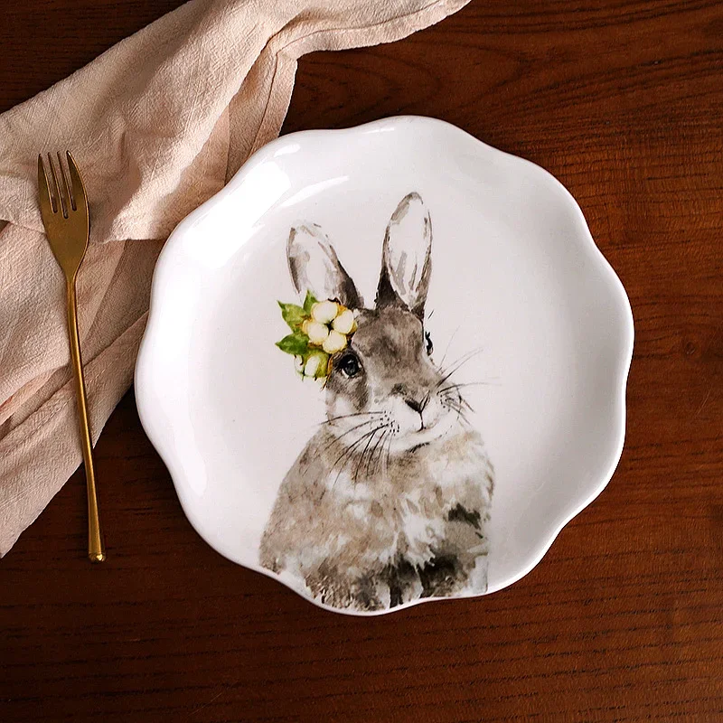 Country pastoral style cute cartoon rabbit 8.5 inch dinner plate, household dish breakfast steak plate