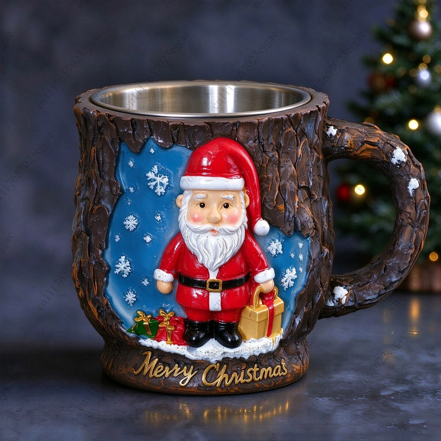 160ML Christmas-themed Outer Resin+Inner Stainless Steel Mug Decoration Creative 3D Relief Pattern Christmas Coffee Cup Ornament