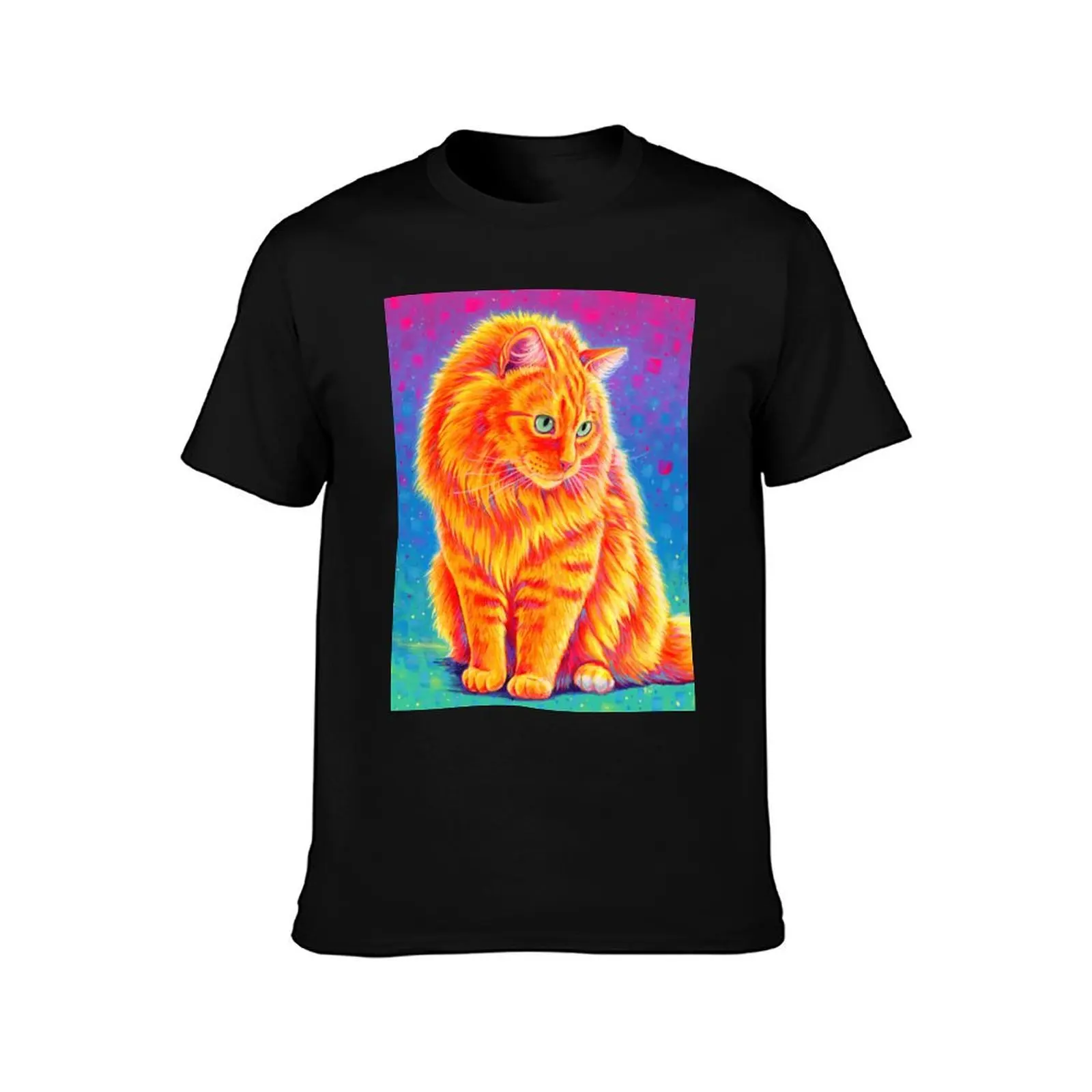 Psychedelic Rainbow Longhaired Orange Tabby Cat T-Shirt Graphic Print Short Sleeve T-Shirt