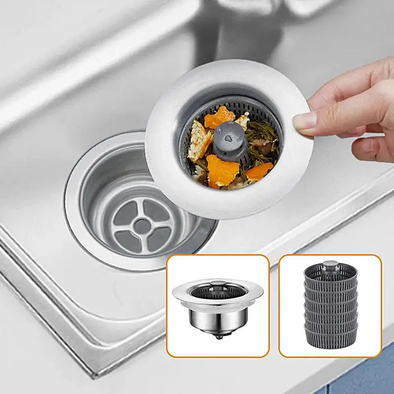 Sink Strainer Stainless Steel Material Effective Filtering Sink Strainer With Three Hole Design Push Type Easy To Use Strainer