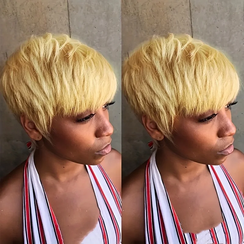 인간의 머리 픽시 컷 여성용 전체 기계 제작 가발 픽시 컷 스트레이트 짧은 밥 가발