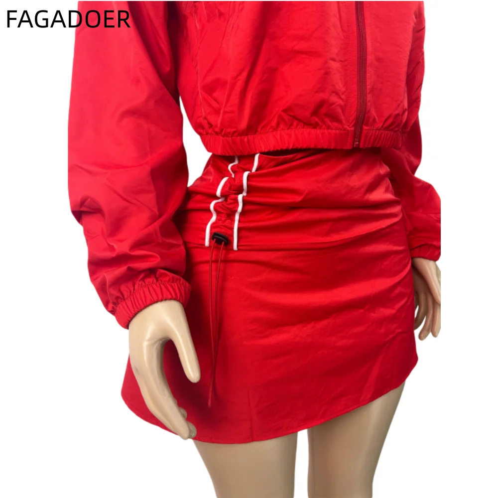 FAGADOER Casual Color Block 2 Piece Sets Woman Outfit Drawstring Ruched Patchwork Crop Top and Skirt Matching Female Streetwear image 6