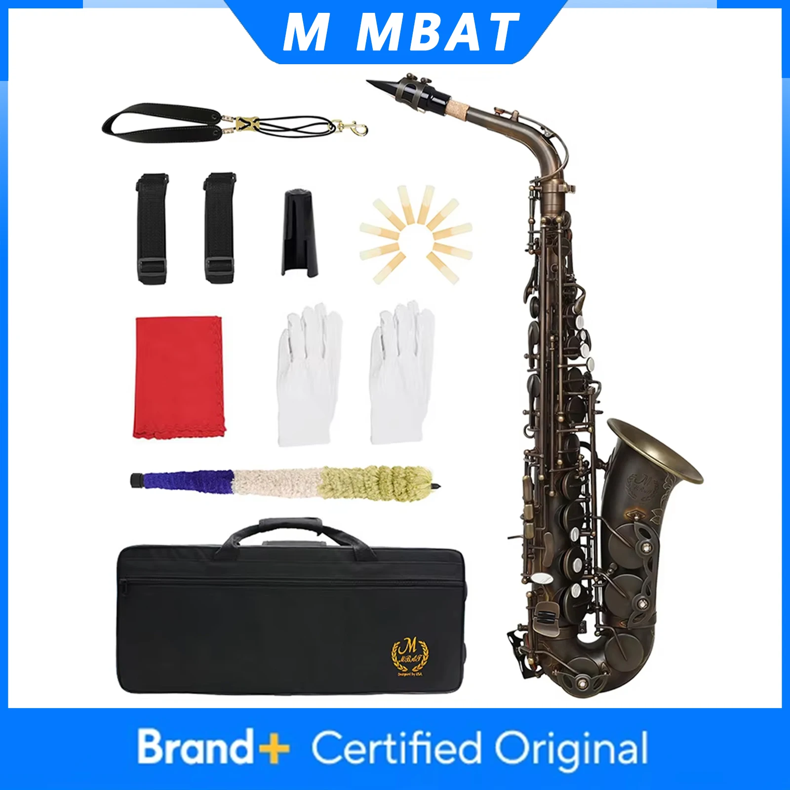 

Саксофон альт M MBAT, высококачественный, в тональности Ми-бемоль, латунный корпус, матовый, винтажный, духовой инструмент с кейсом, тростниками, перчатками и аксессуарами
