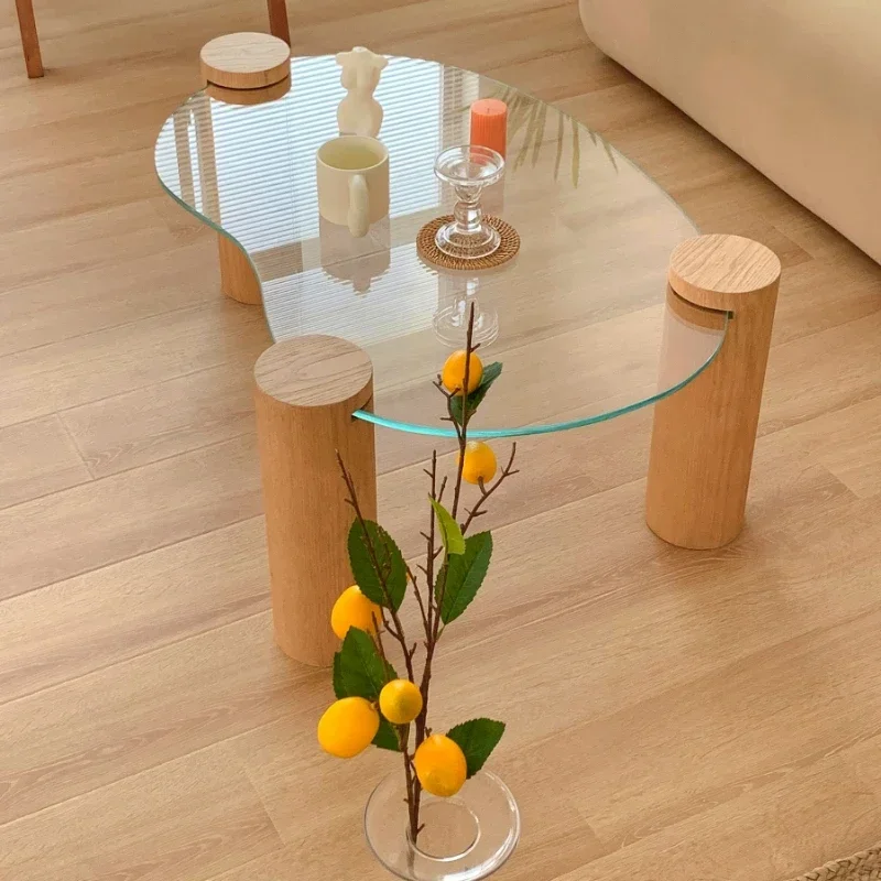 Simple Korean ins cream wind small house type, quiet, special-shaped arc small table, transparent glass tea table