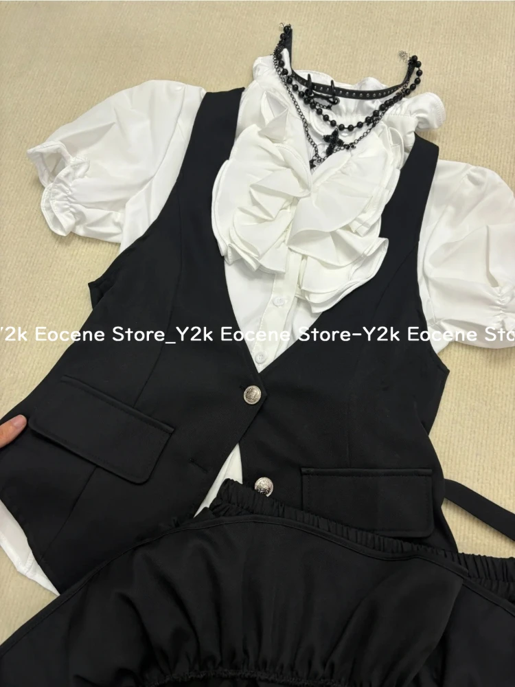 Y2k Black Gothic Retro Chic Outfit Women Bubble Sleeve Shirt + Slim Vest + Mini Cake Skirt New Vintage Fashion 3 Piece Suit 2025 image 3