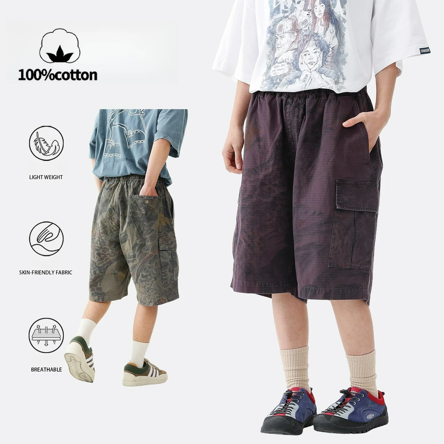 Men's Vintage Washed Cargo Shorts: 100% Cotton Breathable & Sweat-Wicking American Streetwear Loose Fit Knee-Length Pants Unisex