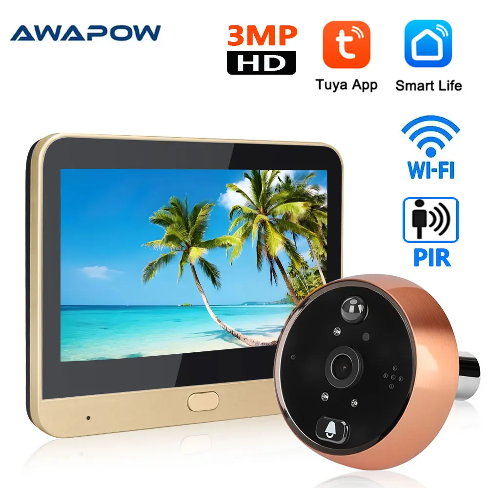 

Awapow Видеоглазок Wifi 3MP Smart Tuya глазок видео дверной звонок Wi-Fi двусторонний домофон дверной глазок камеры 1080P HD PIR обнаружение для домашней безопасности