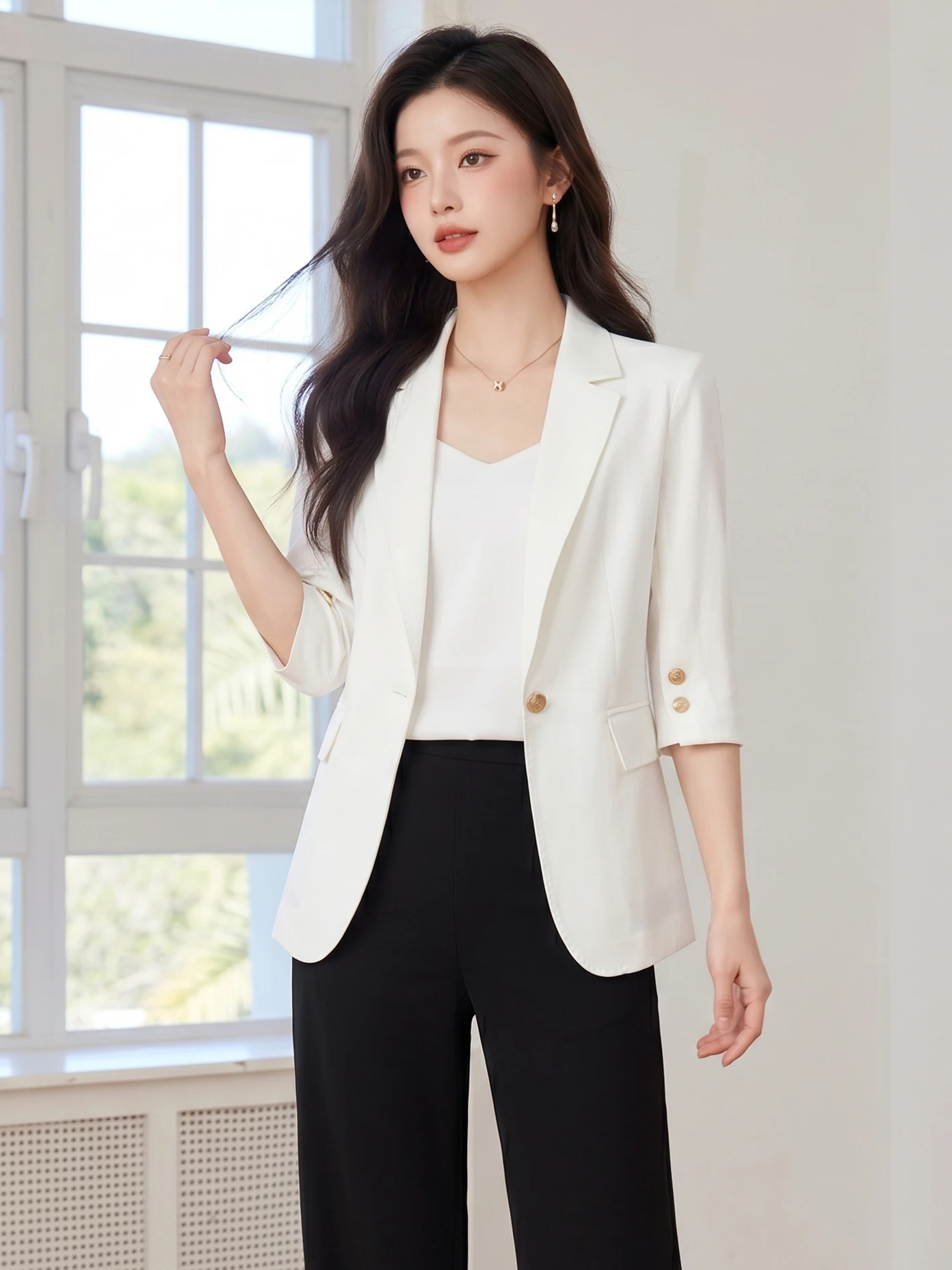 

White Tailored Jacket Women's Business Commute Style Slim Fit Waist-Cinching 3/4 Sleeve Single Button Polyester Blend Coat