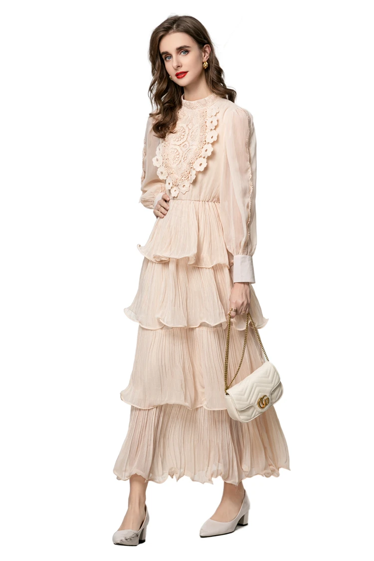 Vestidos femininos gola mangas compridas bordado retalhos em camadas babados elegante moda festa de formatura vestido