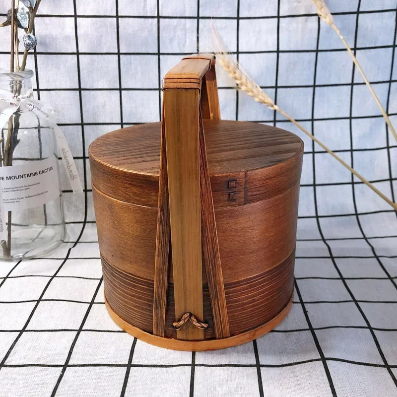 Japanese-style portable lunch box solid wood and wind picnic lunch box retro wooden antique Double-layer sushi lunch box T4I2M5