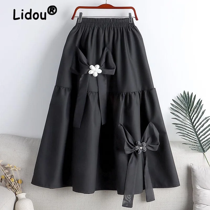 

Spring Office's Lady Commuting Versatile Solid Color Patchwork Medium Length Swing Skirt Bow Decorated High Waist A-line Skirts