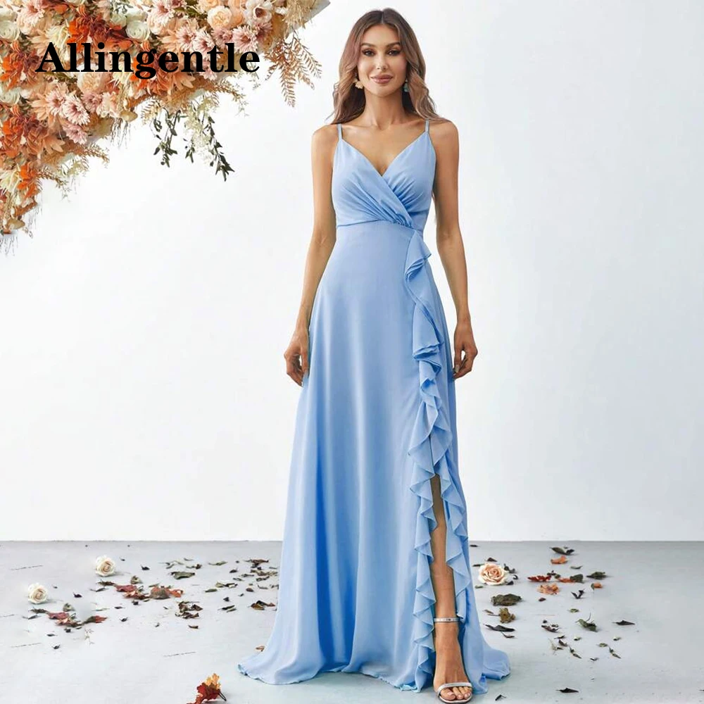 

Allingentle Elegant Ruched V-Neck Bridesmaid Dress 2024 Spaghetti-Straps A-line Ruffles Slit Chiffon Prom Gown vestidos de noche