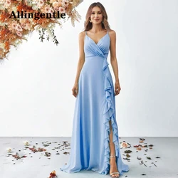 Allingentle Elegant Ruched V-Neck Bridesmaid Dress 2024 Spaghetti-Straps A-line Ruffles Slit Chiffon Prom Gown vestidos de noche